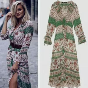 ZARA Boho Printed Ruffled Long Sleeve Midi Dress, Size XS